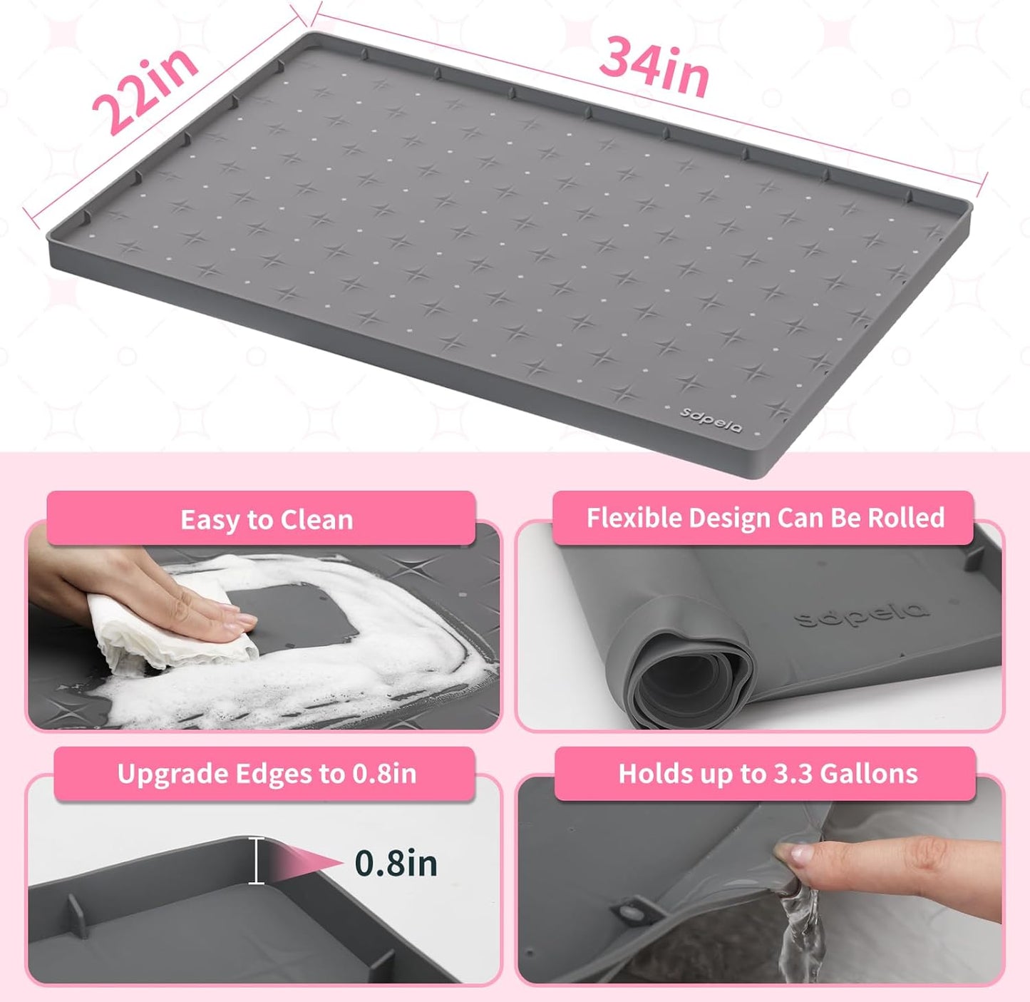 Sdpeia Under Sink Mat 31"×22" – Waterproof Silicone Cabinet Liner & Sink Protector for Kitchen & Bathroom, Multi-Purpose Organizers Tray for Pets, Laundry, Cat Litter Mat,Gray
