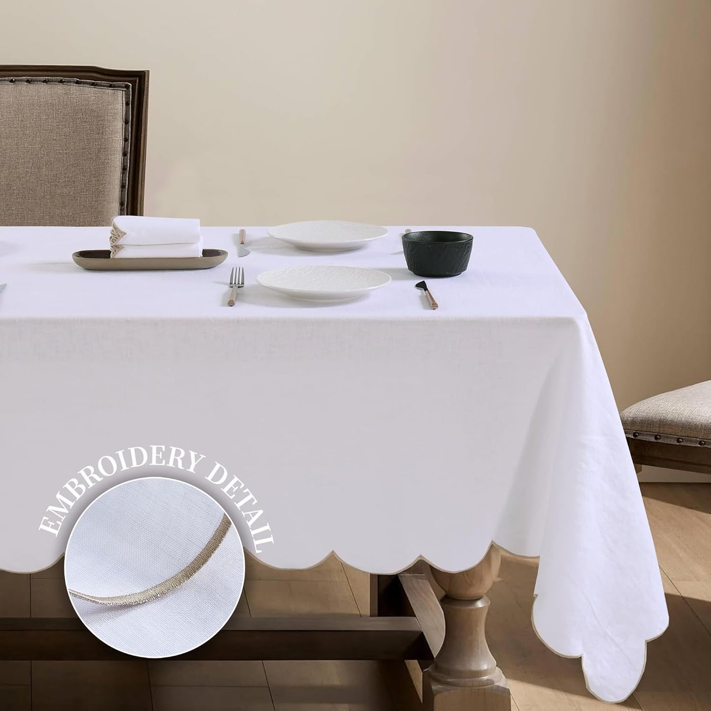 100% Pure Linen Scalloped Embroidery Rectangle Tablecloths 108Lx60W Inch for Dinners, Parties, Spring, Machine Washable, 8-10 Sets, White(Edges-Gold)