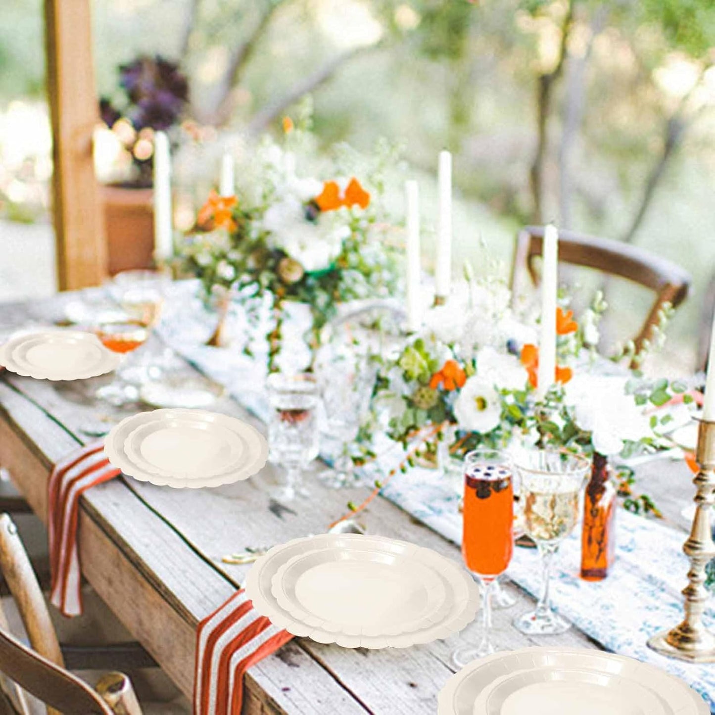 50 Pcs Ivory Scalloped Paper Plates 25 × 7'' and 25 × 9'' Disposable Ivory Scalloped Dinner Plates for Wedding Baby Shower Birthday Party Disposable Dessert Plate