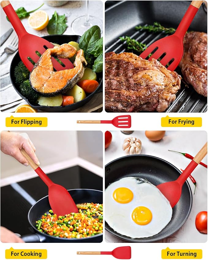 Pack of 2 Silicone Cooking Spatula, Heat Resistant Solid Turner, Non Stick Slotted Spatulas with Wooden Handle,Ideal Wood Kitchen Utensils Set for Frying, Baking, Flipping, Turning (RED)