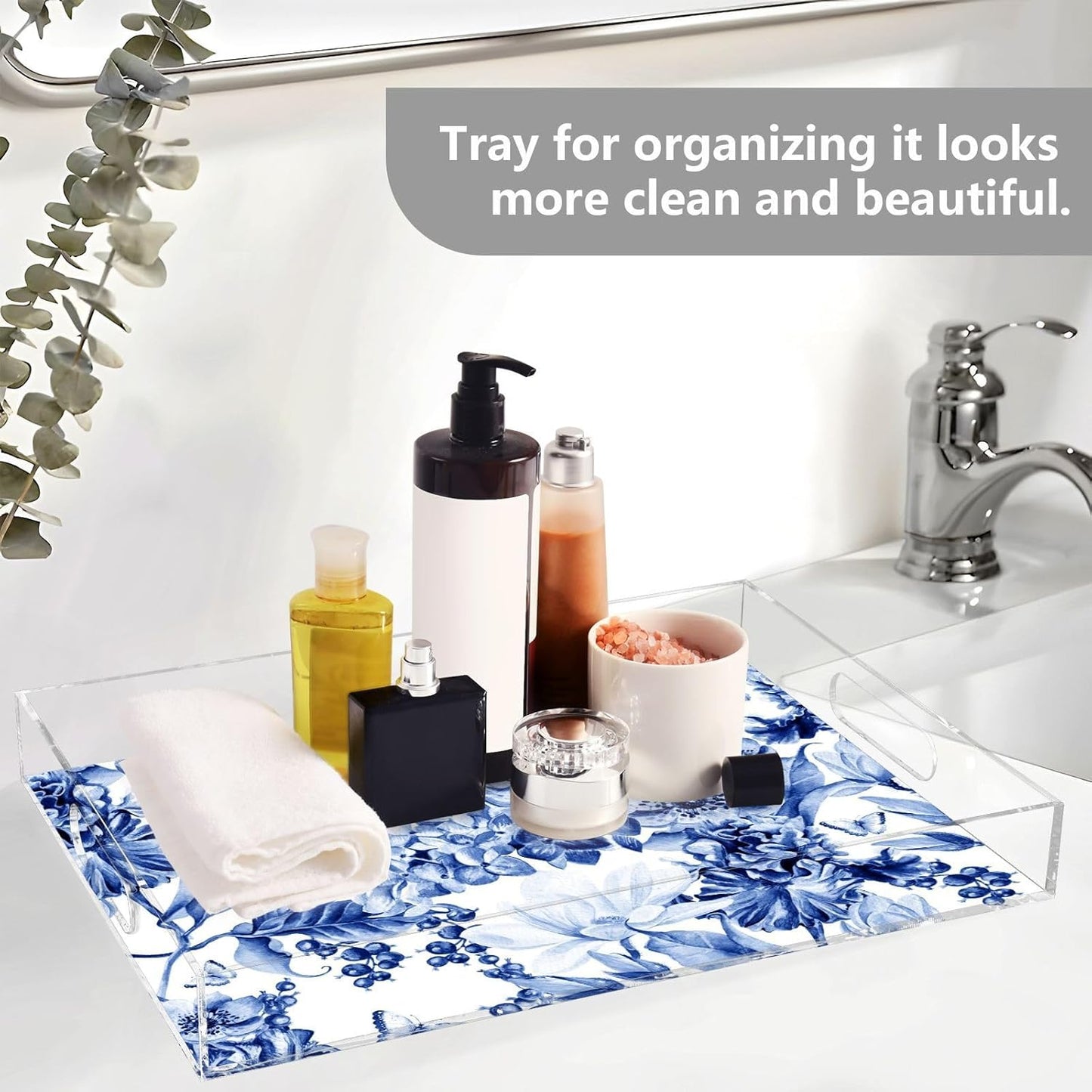 Acrylic Serving Tray with Handles Spill Proof Kitchen Storage Tray Clear Decorative Tray Makeup Drawer Organizer Storage Tray for Bathroom Living Room Ottoman 15.7x11.8Inches