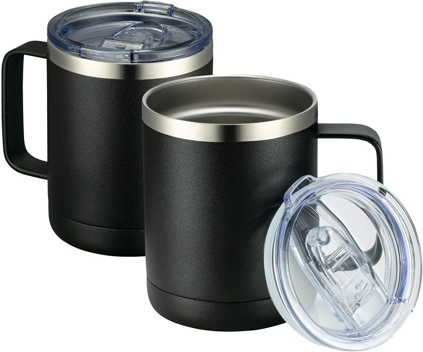 MEWAY 12oz Coffee Mug With Handle 2 Pack Bulk,Stainless Steel Insulated Travel Tumblers With Sliding Lid,Double Wall Vacuum Camping Cup for Hot & Cold Drinks Tea (Black,Set of 2)