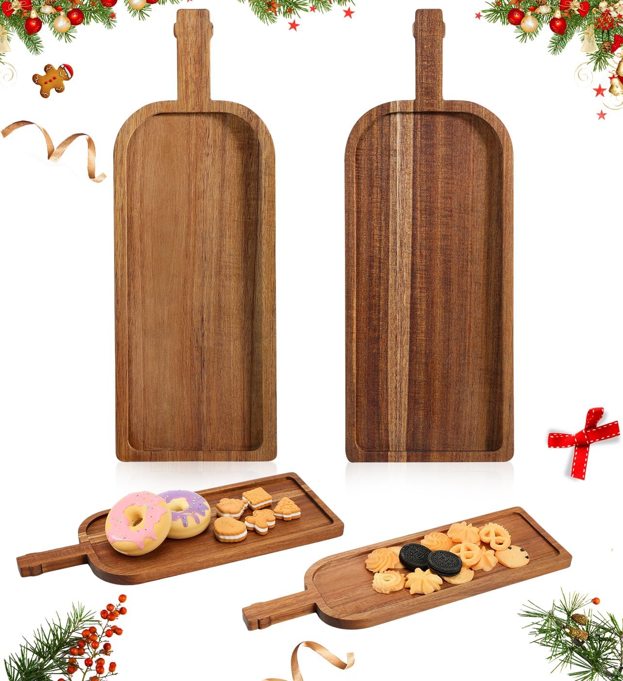 2 Pcs Christmas Charcuterie Boards, Wine Shaped Wooden Cutting Board with Handle, Acacia Wood Christmas Serving Tray for Cheese Fruit Bread Salad Vegetables Snack Dessert