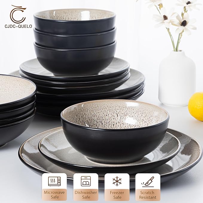 Plates and Bowls Sets for 4 - CJDC-QUELO 12-Piece Stoneware Dinnerware Sets, Ceramic Dishware Set for Kitchen Use and Formal Dining, Chip and Scratch Resistant Microwave Dishwasher Safe, Brown