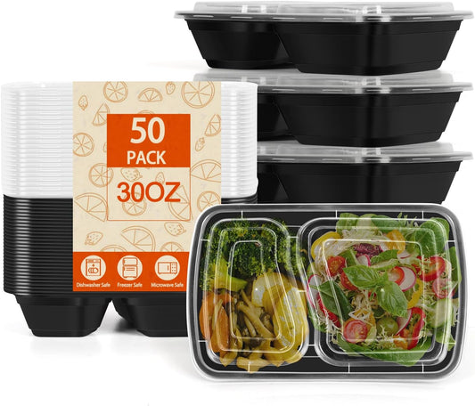 50 Pack Meal Prep Containers Reusable,2-Compartment Plastic Food Storage Containers with Lids,Bento Box,Microwave,Freezer,Dishwasher Safe,Lightweight & Durable,30oz