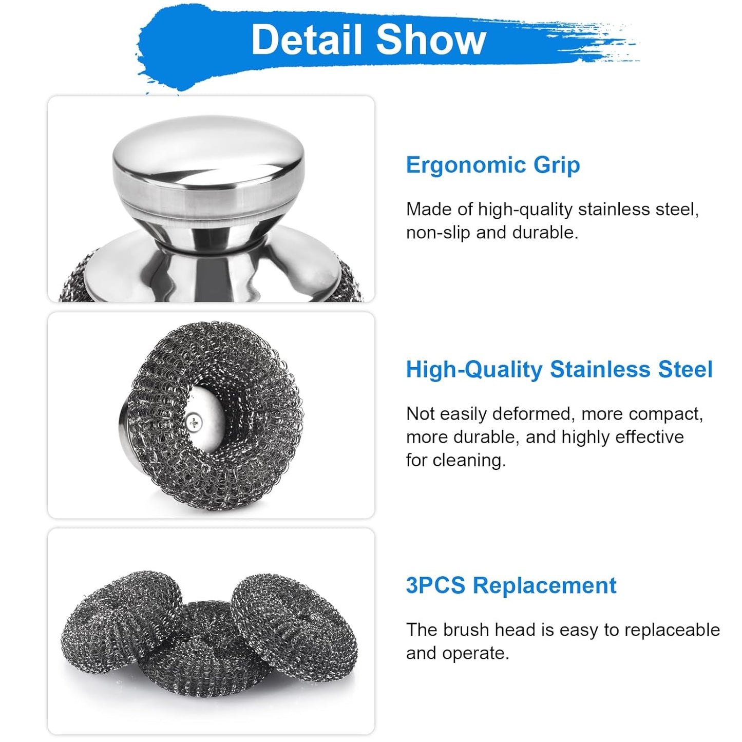 5PCS Stainless Steel Scrubber Pads, Steel Wool Scrubber Set with 2Pcs Handle, Stainless Scrubber for Cleaning Kitchen and Household, Dishes, Stoves, Grill, Wash Sink, Pots