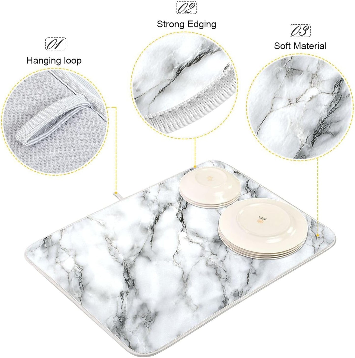 White Marble Pattern Dish Drying Mat for Kitchen Counter Super Absorbent Dishes Pad Reversible Microfiber Protector Dish Draining Mats 18x24 inch