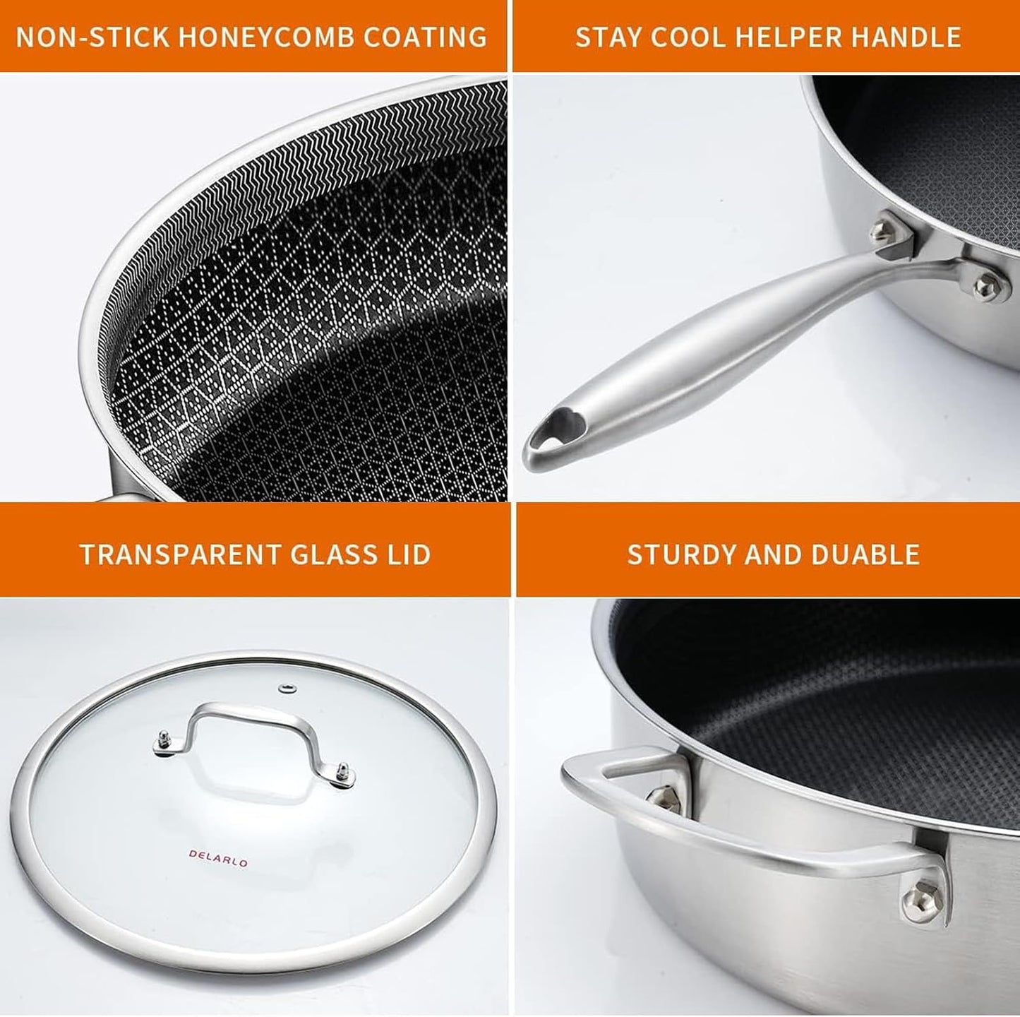 DELARLO Frying Pan,12 inch Tri-Ply Stainless Steel Skillet,6 Quart Saute Pan with lid, Compatible with All Cooktops,Oven Up to 660℉,Chicken Fryer,Dishwasher-Friendly