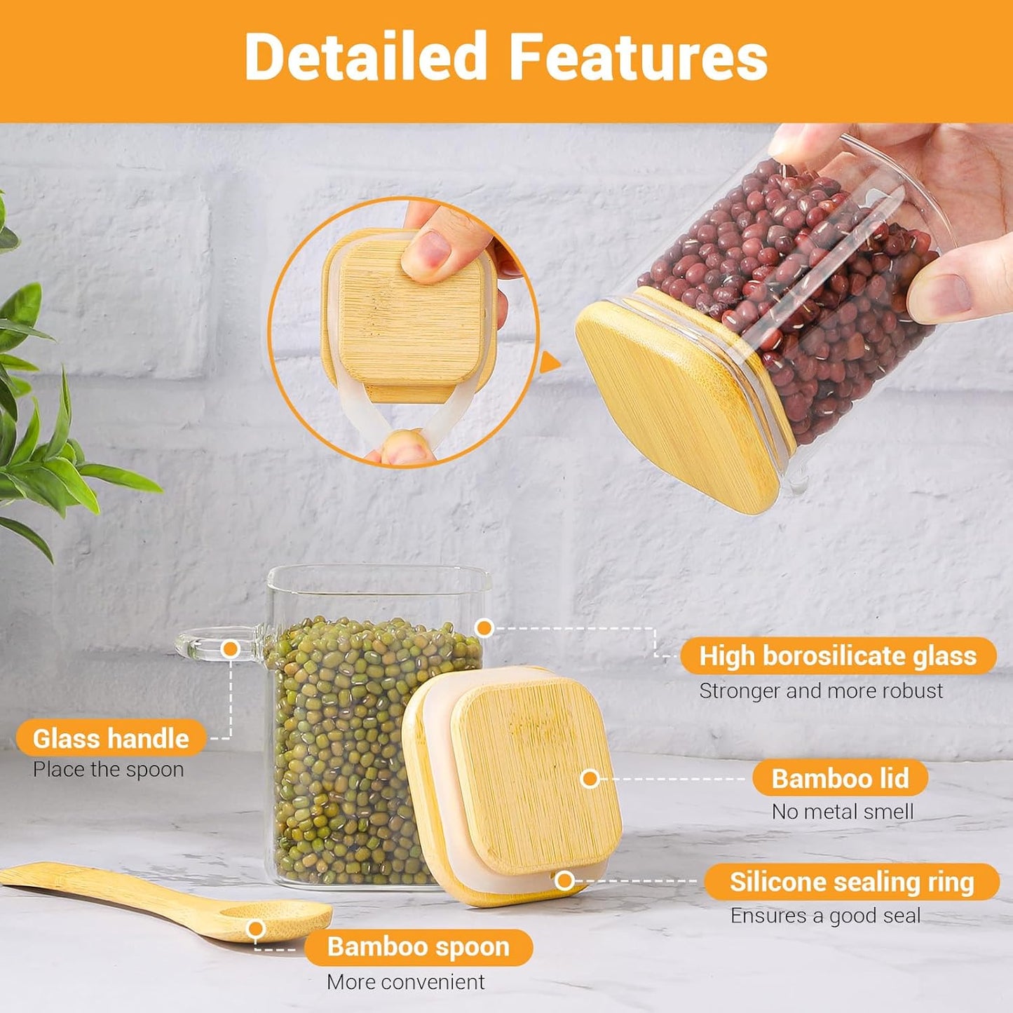 Glass Jars with Bamboo Lids Set of 4, 6 Fl.oz Square Glass Spice Jars with Lid and Spoon, Small Canisters Sets for Kitchen Countertop, Clear Pantry Container for Jam, Tea, Coffee and Sugar