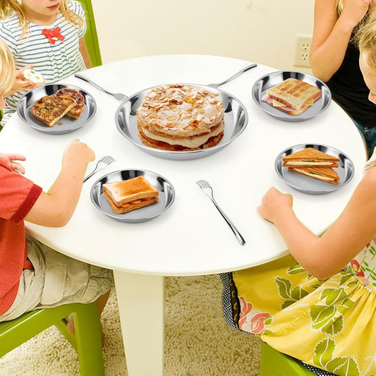 Patterned Deep Stainless Steel Plates, 4 Set 7 inch 304(18/8) Metal Food Serving Plate, Reusable Snack Eating Dishes Round Shatterproof Silver Dinnerware for BBQ Dinner Oven Dishwasher Safe