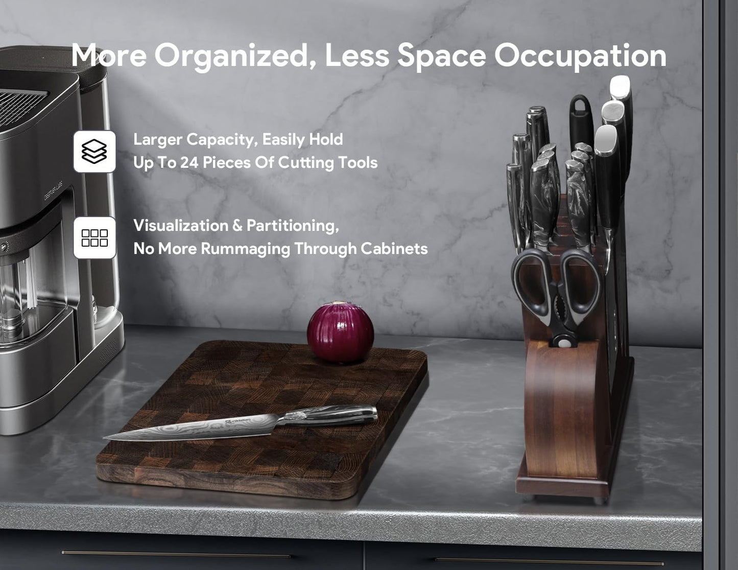 Knife Set for Kitchen 14 Pieces with Magnetic Block, German Razor Sharp High Carbon Stainless Steel Damascus Pattern, Full Tang Ergonomic Handle, Black Flowing Cloud Design