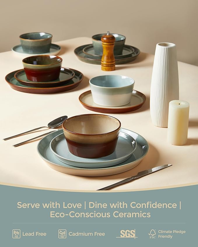 Dinnerware Sets for 4, Ceramic Plates and Bowls Set, Modern Artisan Dish Set, Microwave & Dishwasher Safe Dishware Set, Chip & Scratch Resistant Dinner Sets, Gradient Green