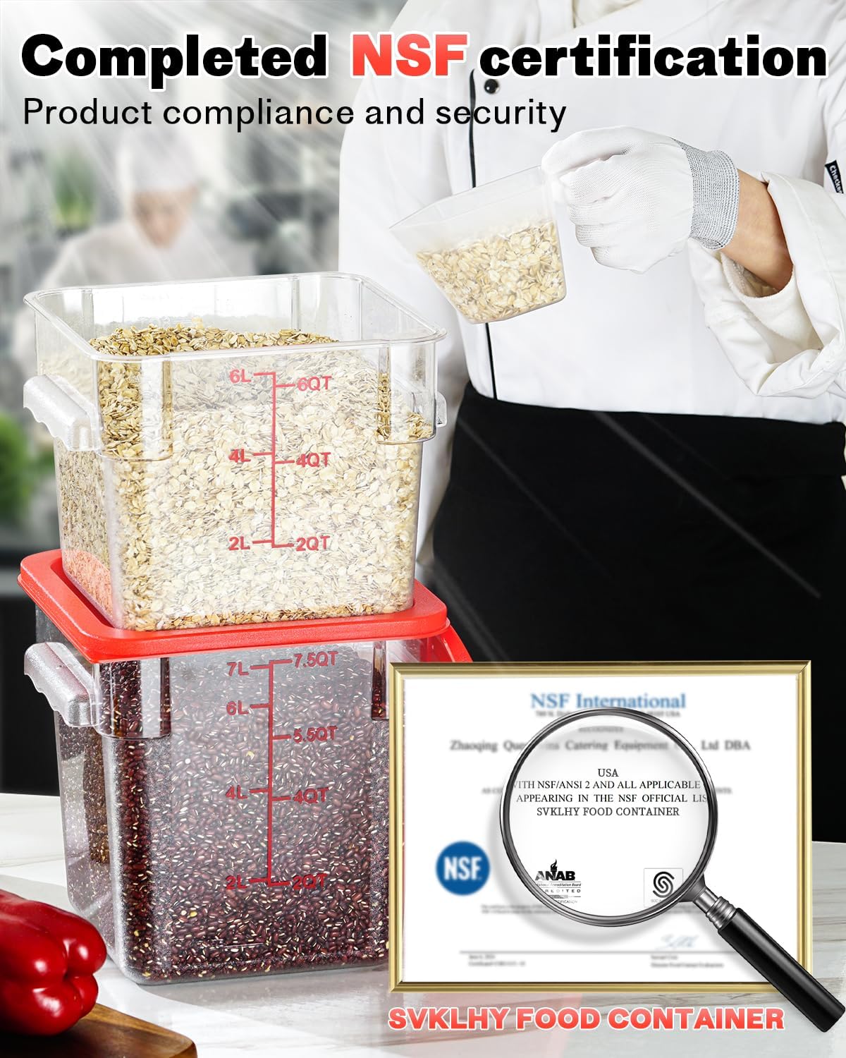 2QT&4QT NSF Food Storage Containers: 8 PCS[Food Grade] [Hot&Cold Resistant] Commercial Clear Square Food Storage Containers with Scales Handles for Home Restaurant Kitchen(BPA FREE)