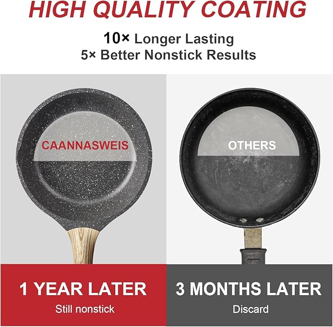 Caannasweis Nonstick Granite Frying Pan Skillet, Non Stick Omelette Fry Pans, Omelet Egg Pan, Stone Cookware Chef's Pan, Induction Compatible, PFOA Free (Gray, 9.5 Inch with Lid)