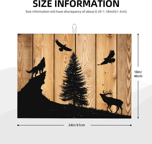 Retro Rustic Wolf Deer Forest Brown Wood Dish Drying Mat for Kitchen Counter, 18"x24" Microfiber Absorbent Fast Dry Mat, 2Pcs Dish Mat Faucet Mats Sets, Large Drying Kitchen Mat Kitchen Drying Pad