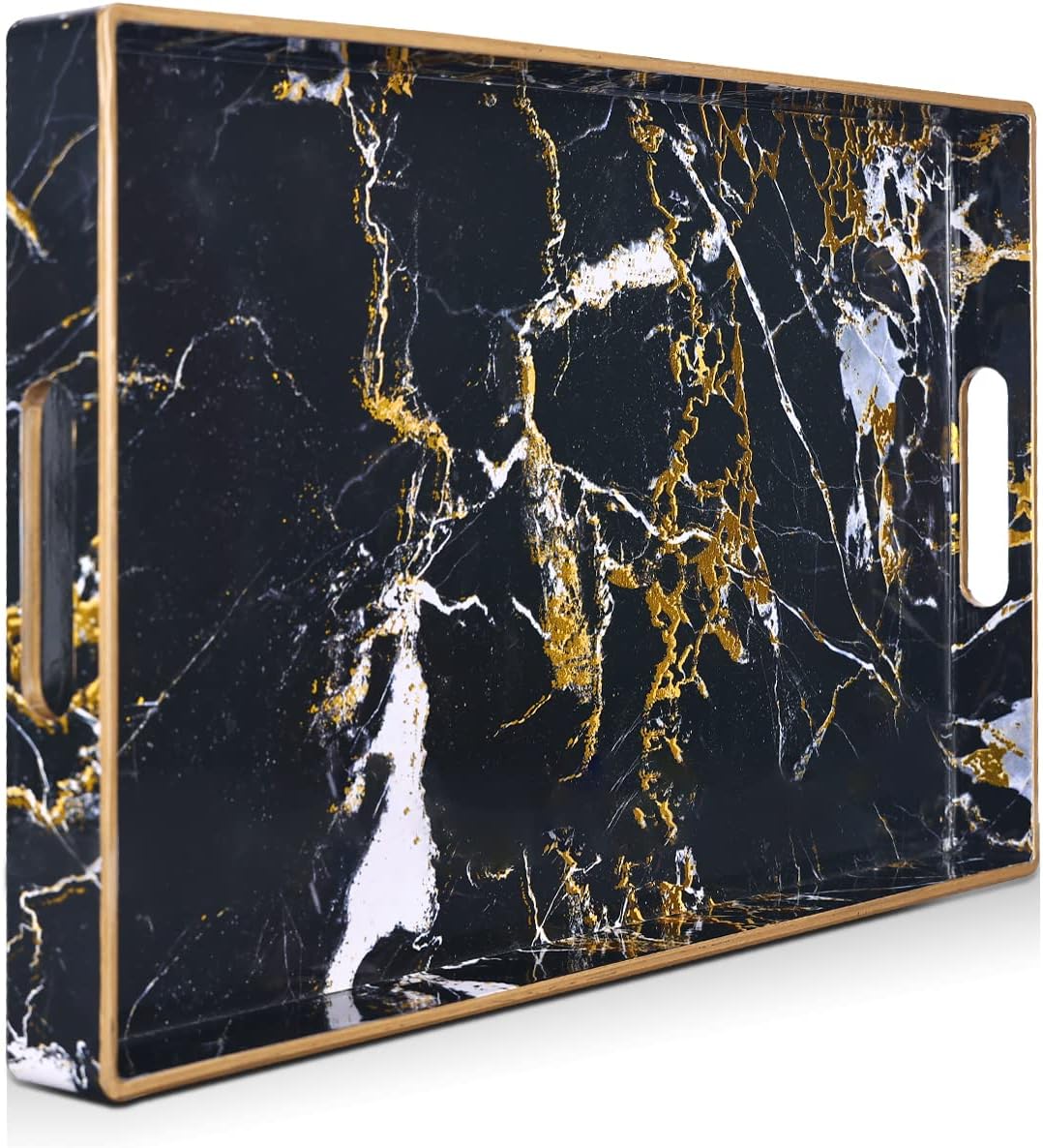 Gifturbo Black Serving Tray,Marble Decorative Serving Trays with Handles, Coffee Table Tray Ottoman Rectangular Plastic Trays with Gold Rim for Living Room, Bathroom，15.7 x 10.2 x1.37 inches