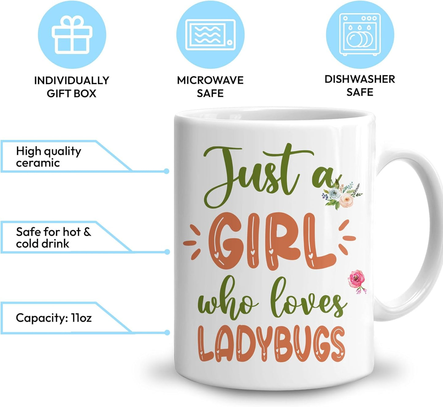 Hyturtle Personalized Gifts LadyBug Lover - Just A Girl Who Loves LadyBugs Custom Name Ceramic Coffee Mug Cup 11oz - Idea Cute Animal Lover Gifts For Women, Girl Daughter On Birthday, Christmas