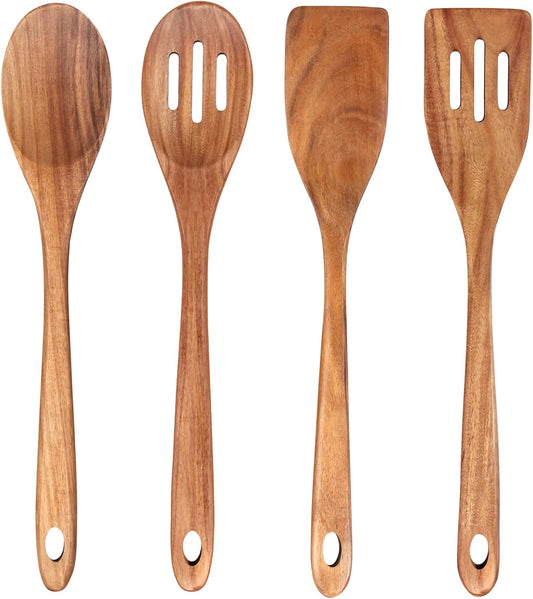 4-Piece 14" Large Acacia Wood Utensils Set for Cooking Spatula Wooden Kitchen Utensil Non Toxic Spoon Slotted Turner Best Long Spatula for Kitchen Use Tools Cooking Utensils Mixing Serving Spoons