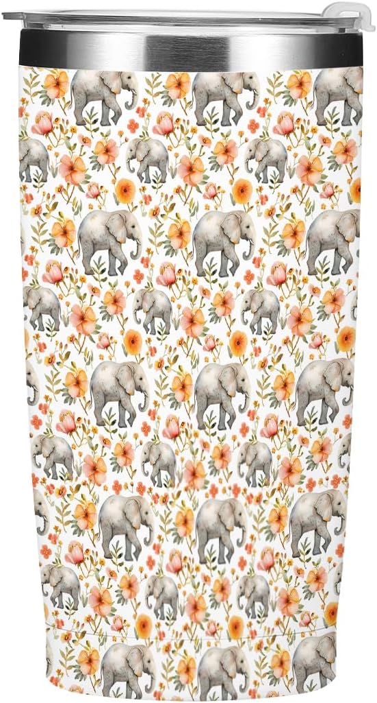 Cute Elephants Tumbler, Elephant Decor 20 oz Stainless Steel Coffee Mug，Travel Cup，Insulated Cup with Lid for Car, Elephant Gifts for Women Girls Animal Lovers Birthday Christmas Thanksgiving