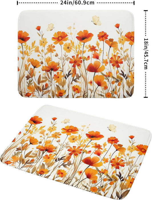 Fall Floral Dish Drying Mat for Kitchen Counter Autumn Orange Wildflowers Reversible Microfiber Absorbent Drying Pad Mats for Countertops Sinks Draining Racks,Harvest Thanksgiving Decor,18 X 24 Inches