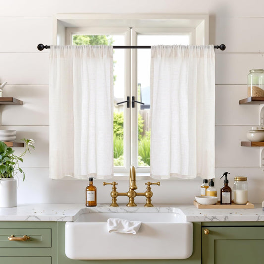 BGment Cafe Linen Curtains 36 Inch Length for Small Window Over Sink - Half Drapes Natural Semi Sheer with Rod Pocket for Front Door Bathroom, 2 Panels Set, 30 X 36 Inch