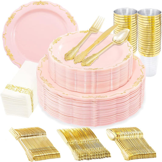 Supernal 210 Pink and Gold Plastic Plates ＆ Plastic Silverware,Elegant Party Cups,Dessert/Salad Plate with Gold Rim, disposable paper Napkins,Suit for Bridal Shower, Wedding,Birthday