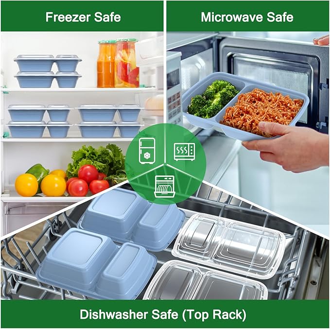50 Pack (100-Piece) 28 oz Meal Prep Containers Reusable with Lids 2-Compartment, Sturdy Leakproof Food Safe, Microwave Freezer Dishwasher Safe, To Go Take Out Plastic Food Storage, Blue