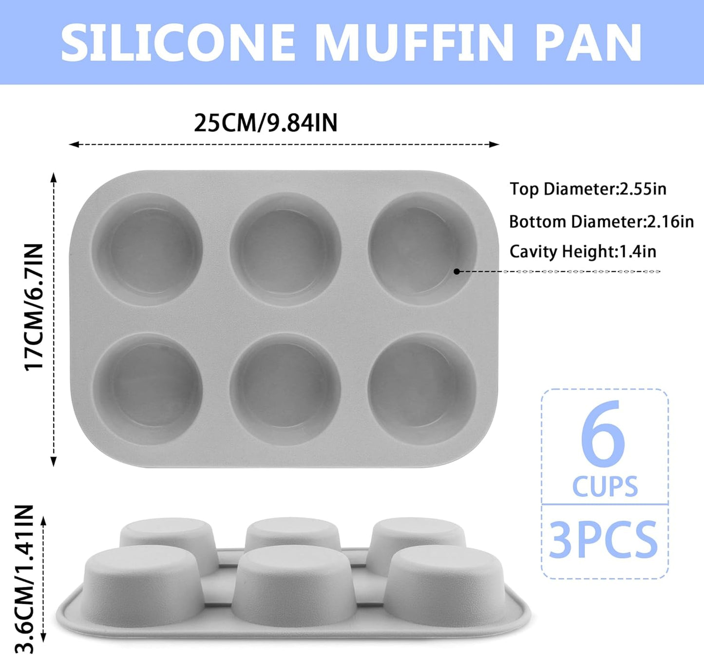 3-Pack 6-Cup Silicone Muffin Pans, Nonstick Cupcake Baking Molds, Muffin Cupcake Pans Molds for Baking, BPA/PFA-Free, Dishwasher & Oven Safe - Gray