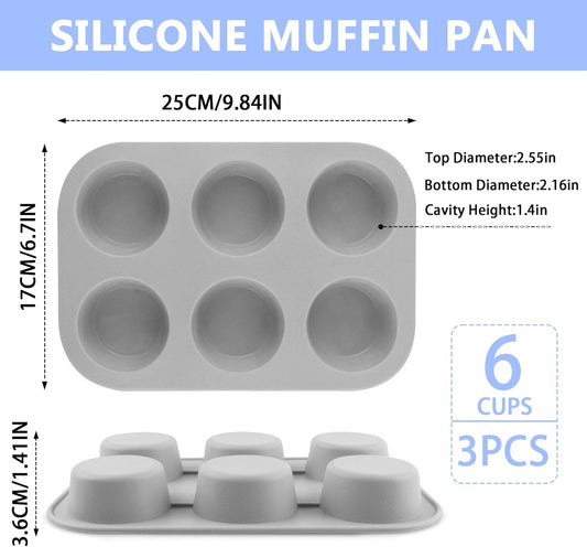 3-Pack 6-Cup Silicone Muffin Pans, Nonstick Cupcake Baking Molds, Muffin Cupcake Pans Molds for Baking, BPA/PFA-Free, Dishwasher & Oven Safe - Gray