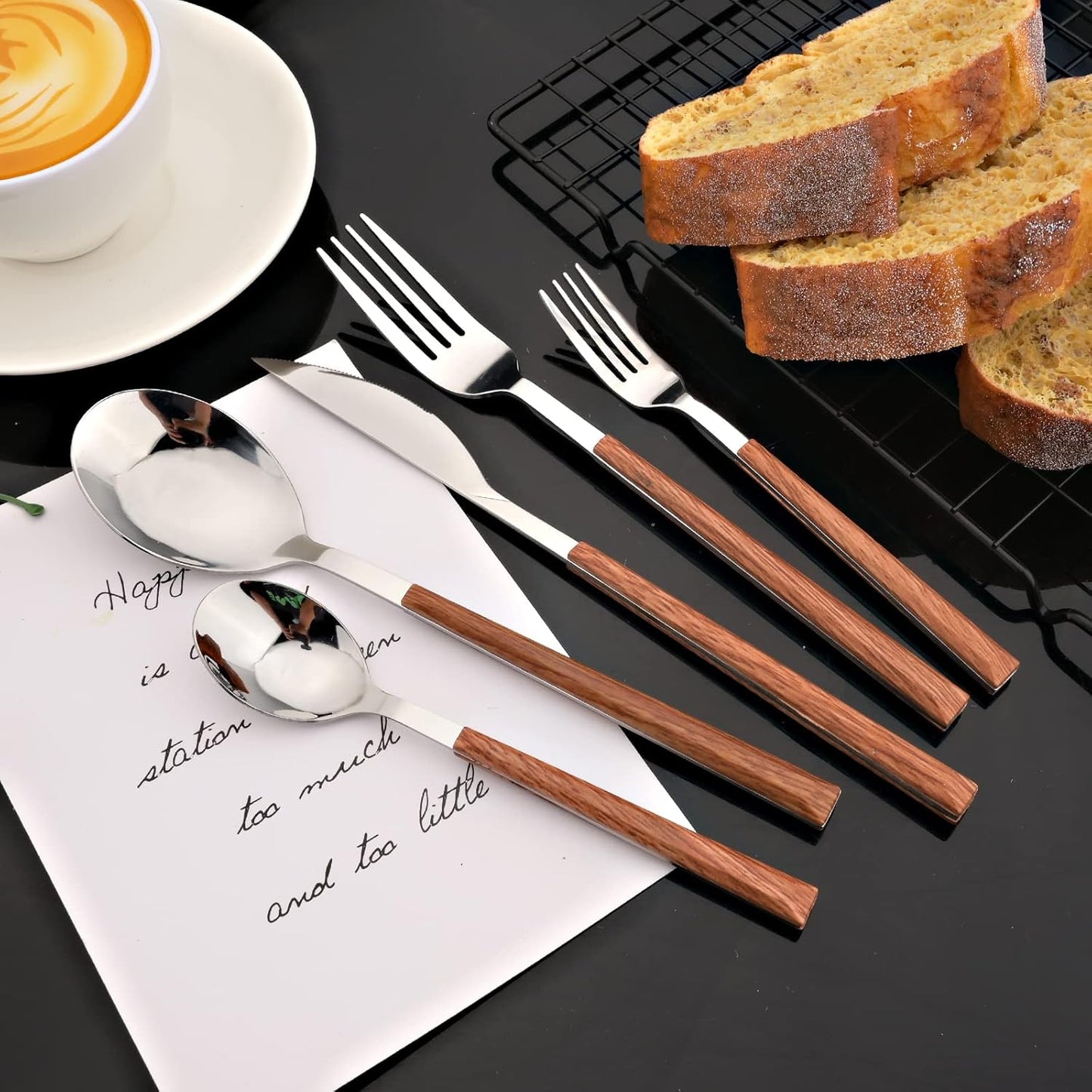 JASHII Wood Handle Flatware Set, 20 Pieces Stainless Steel Silverware Cutlery Set, Mirror Polished, Square Knife Fork Spoon Set, Dishwasher Safe - Korean Style Silver