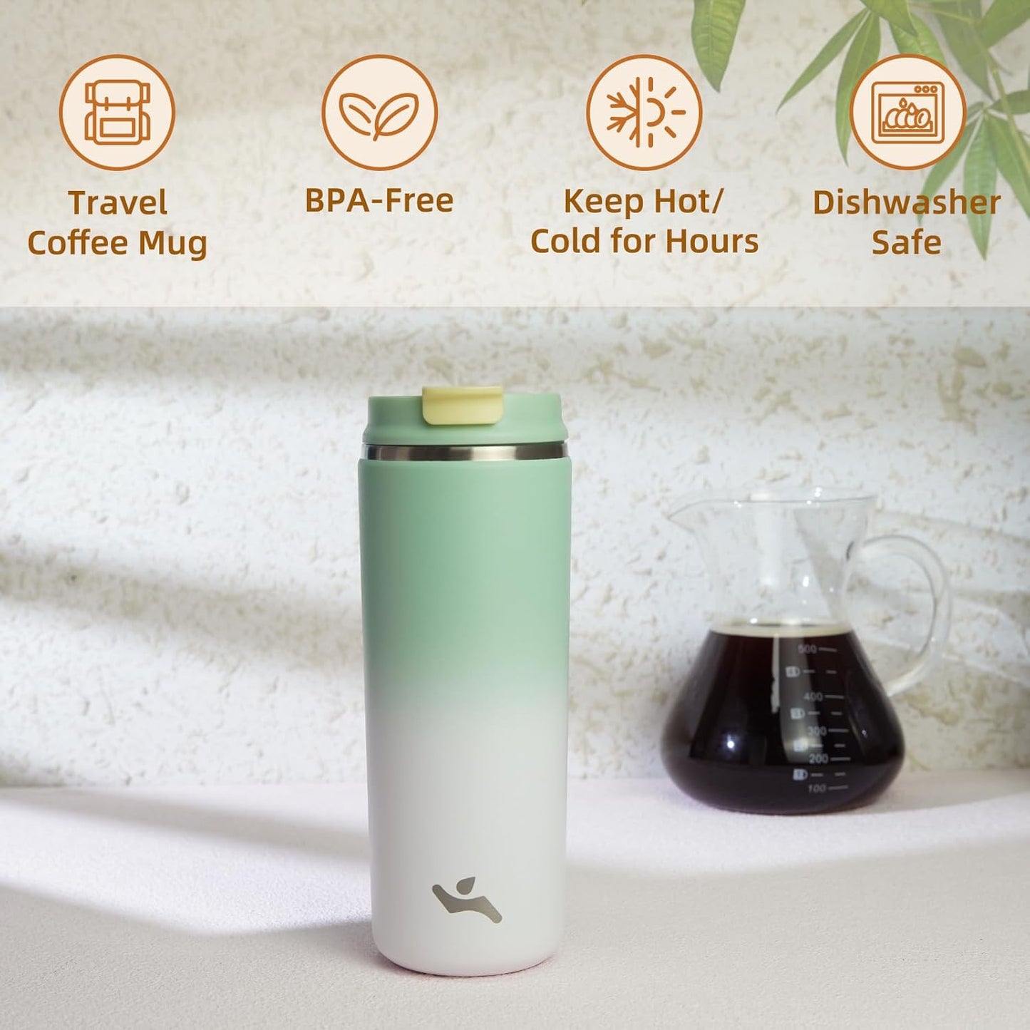 Tumbler with Lid, 16 oz Travel Coffee Mug Double Wall Vacuum Stainless Steel Thermal Metal Cup Insulated Water Bottle,GreenWhite