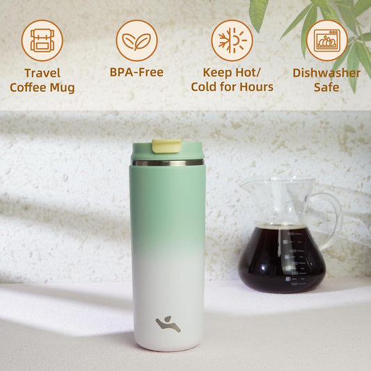 Tumbler with Lid, 16 oz Travel Coffee Mug Double Wall Vacuum Stainless Steel Thermal Metal Cup Insulated Water Bottle,GreenWhite