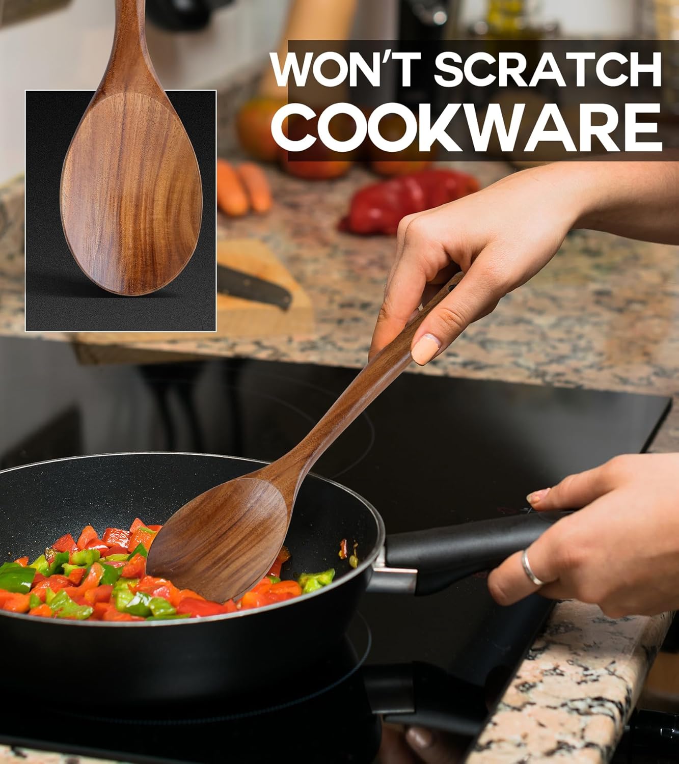 Wooden Spoons for Cooking, Natural Premium Teak Wooden Spoons, Good Grip Large Cooking Spoons and Wooden Spatula, Heat Resistant Wooden Cooking Utensils for Nonstick Cookware Serving, Perfect Gifts