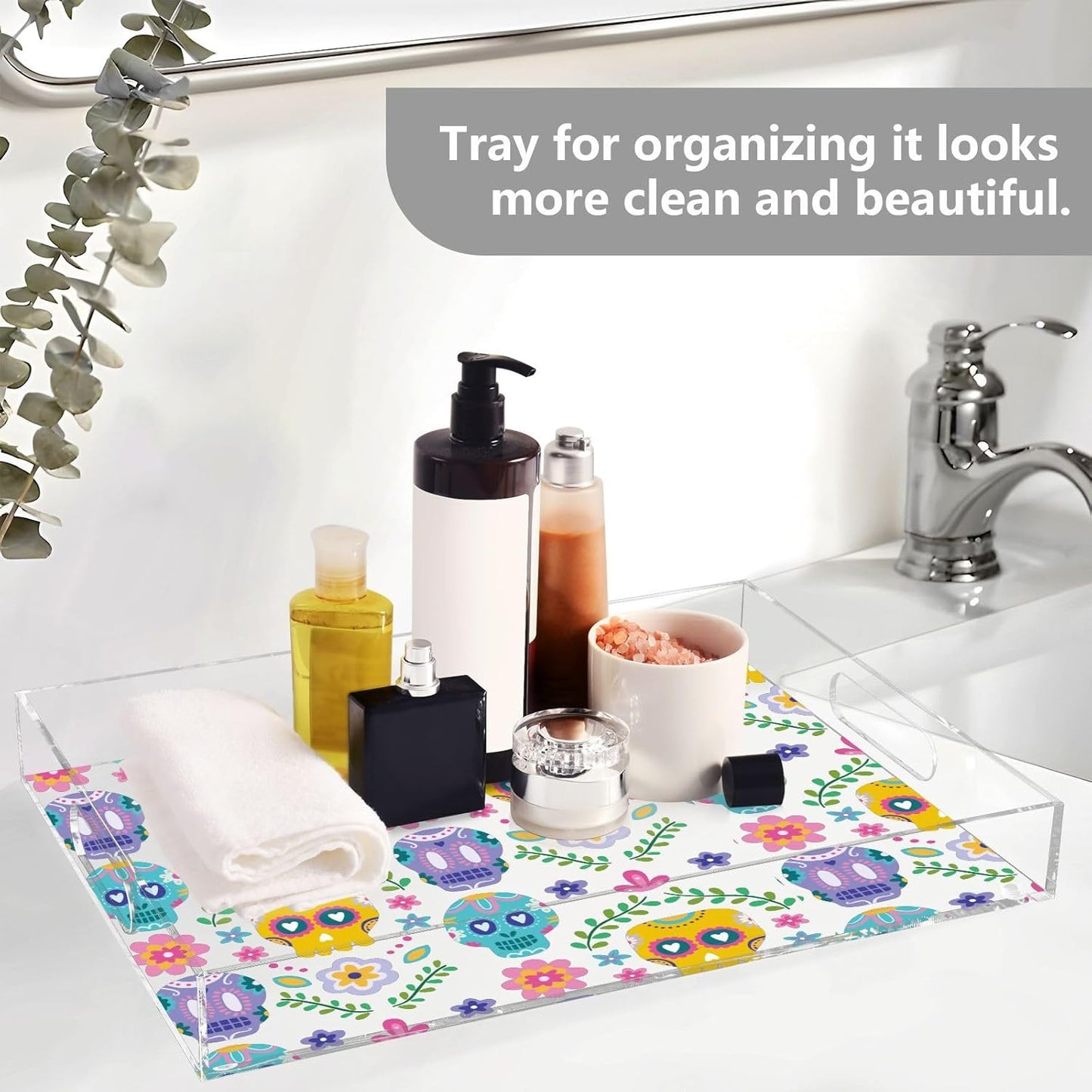Acrylic Serving Tray with Handles Spill Proof Kitchen Storage Tray Clear Decorative Tray Makeup Drawer Organizer Storage Tray for Bathroom Living Room Ottoman 15.7x11.8Inches
