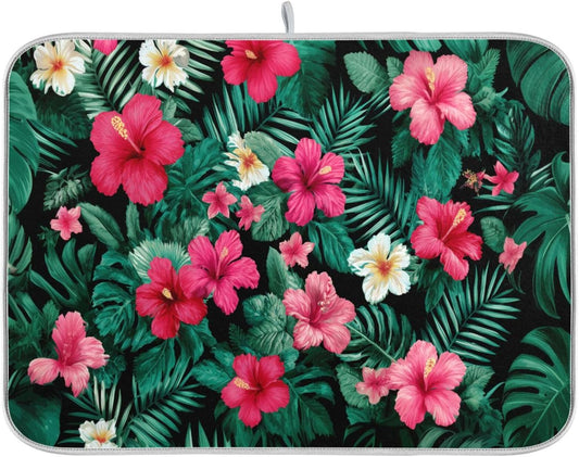 Tropical Flowers Leaves Pattern Dish Drying Mat for Kitchen Counter Super Absorbent Dishes Pad Reversible Microfiber Protector Dish Draining Mats 18x24 inch