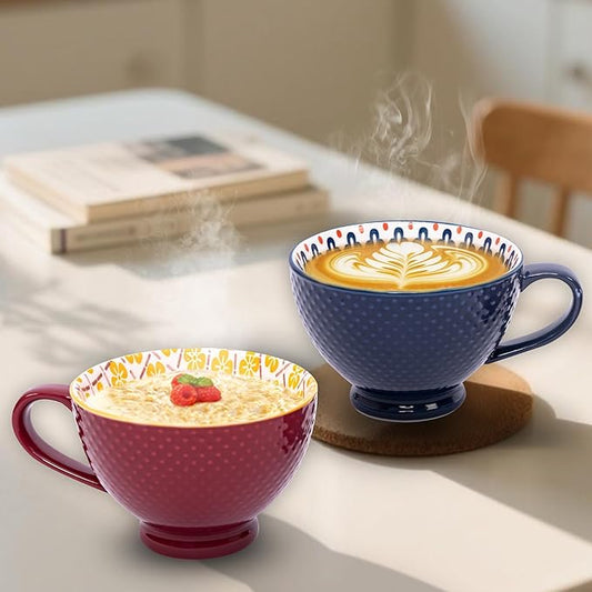 Topadorn Ceramic Coffee Mugs with Handle Set of 2, Hand-Painted Floral Pattern Ceramic Soup Mugs for Salad, Cappuccino, Cereal, Latte, Tea, Cocoa, Breakfast Oatmeal Cups(Blue & Red)