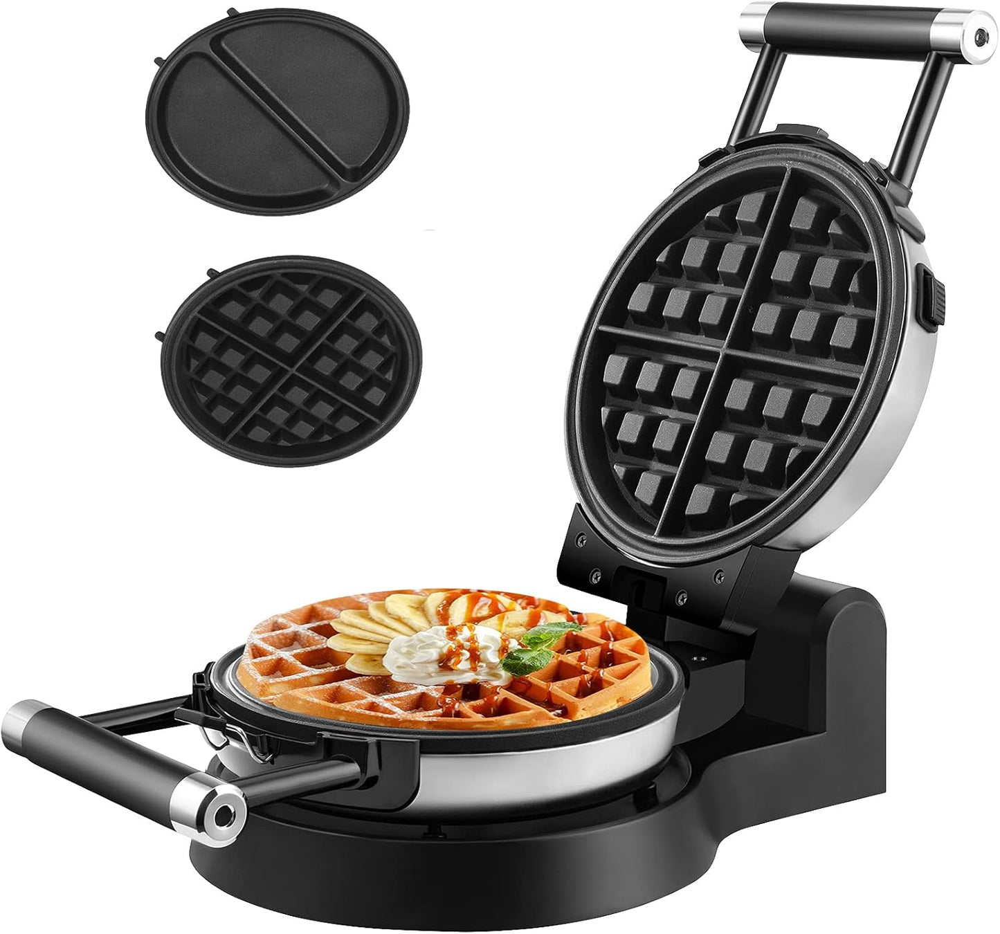 360 Rotating Belgian Multifunction Nonstick Baking Waffle Maker with 2 sets of Interchangeable Belgian Waffle and Omelet Baking plates