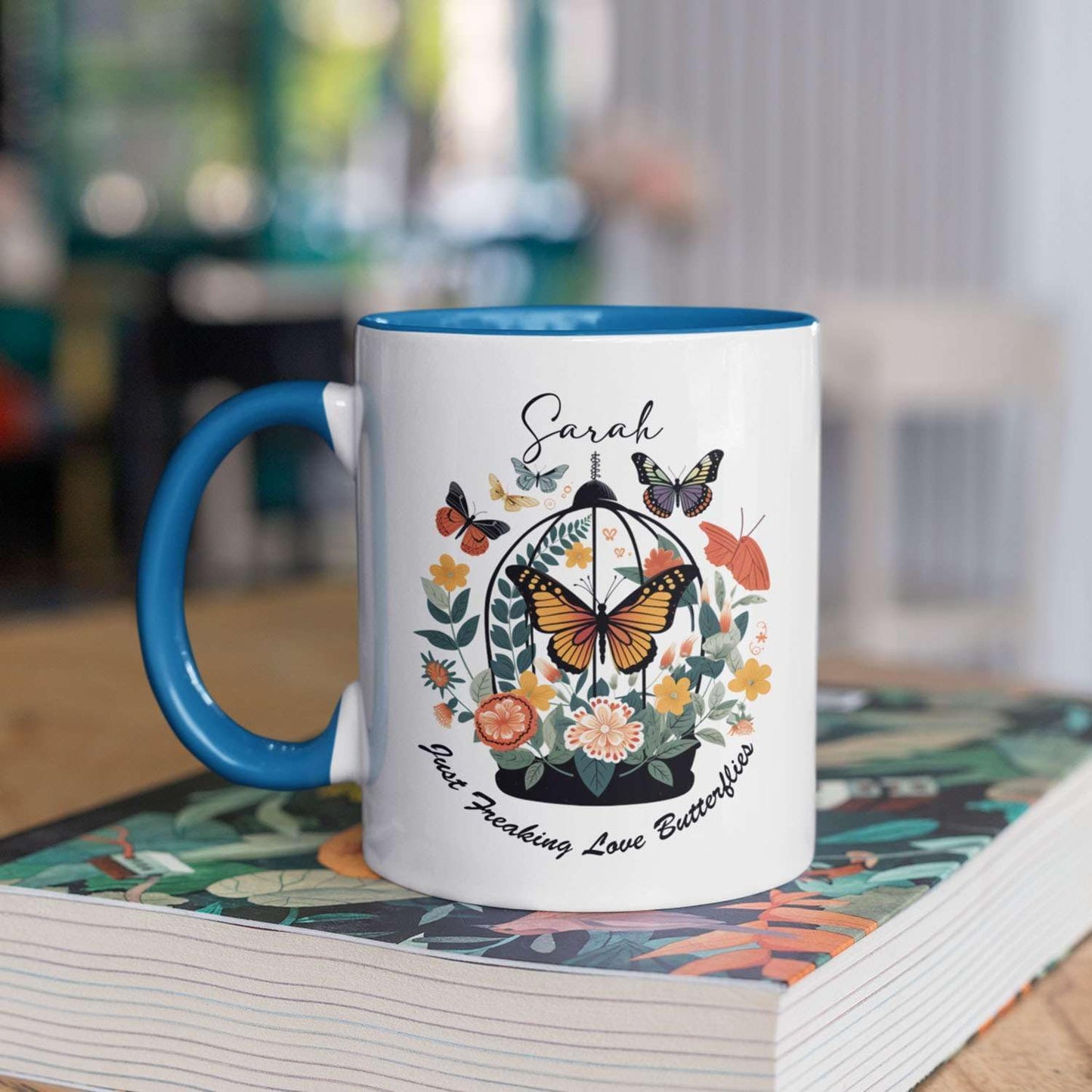 Personalized Name Just Freaking Love Butterflies Travel Mugs, Customized Colorful Butterfly Lovers Ceramic Presents Cups, Custom Great Birthday Animal Tea Cup Gift 11oz 15oz