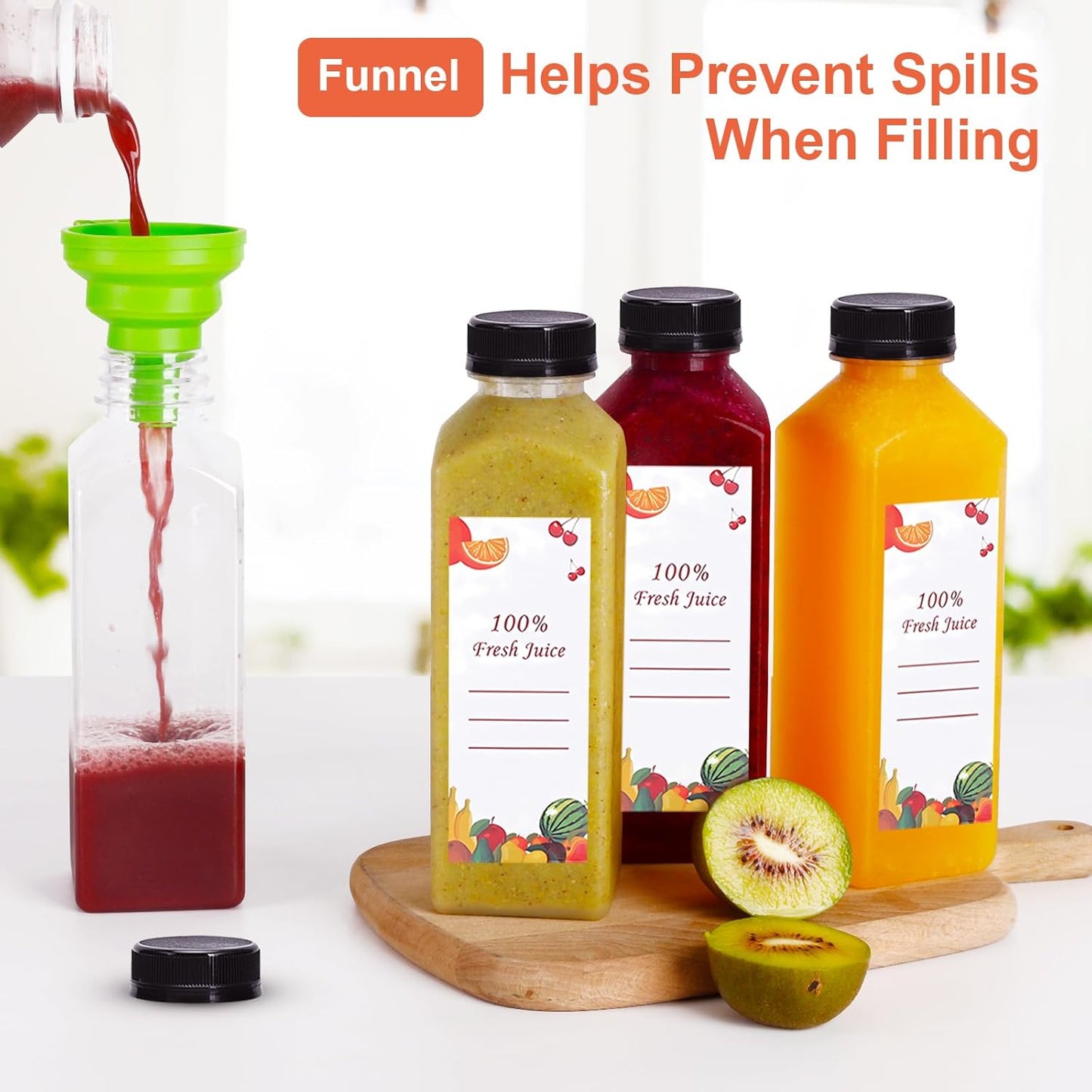 Plastic Juice Bottles 150 pcs 24 oz Empty Plastic Water Bottles with Caps Reusable Clear Beverage Containers for Drinking, Juicing, Smoothie, Water with 2 Brushes, 2 Funnels (24-OZ)