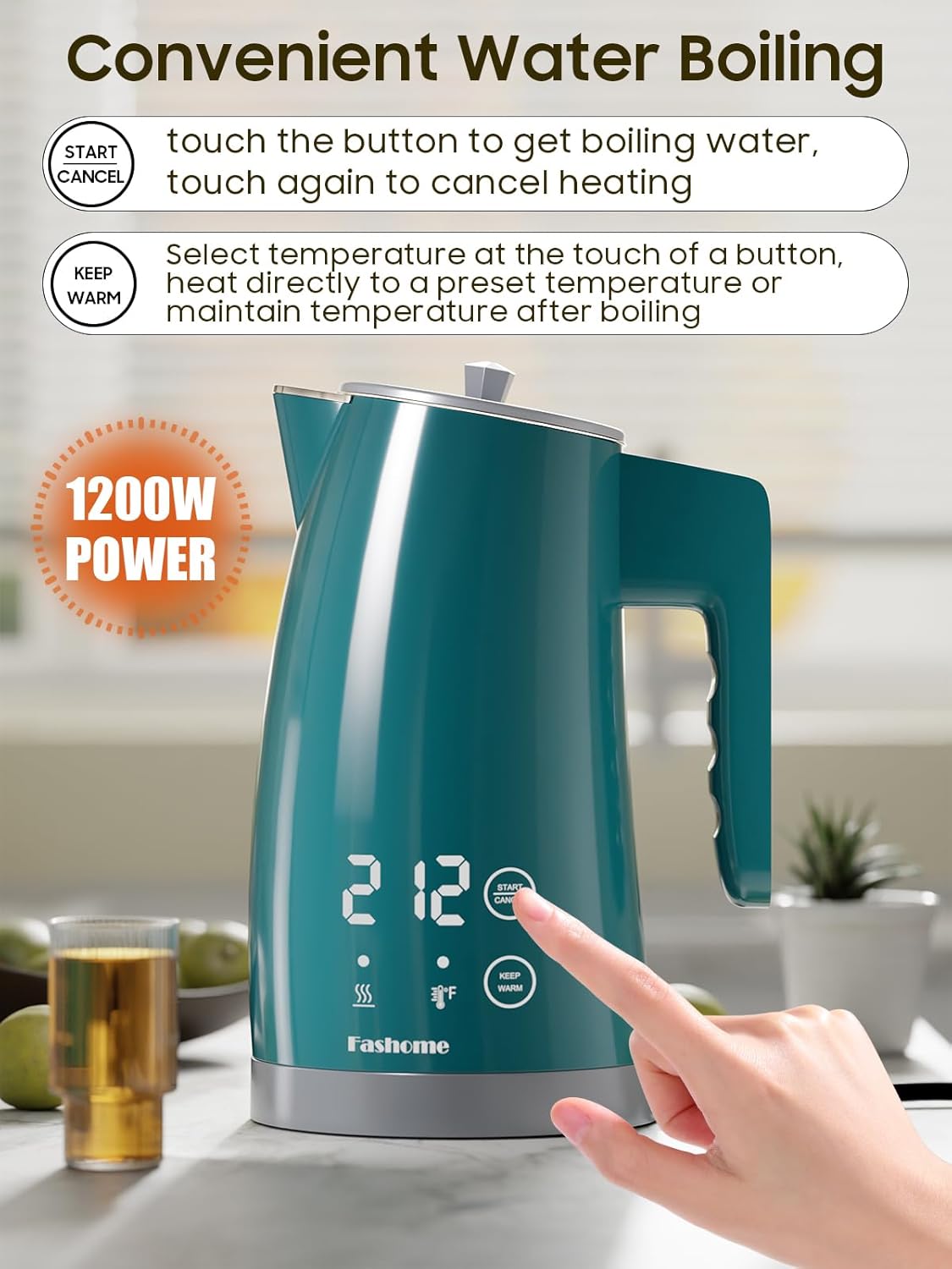 Temperature Control Electric Kettle, 5 Temp Presets, 2H Keep Warm,1.25L 1200W Fast Boil with LED Display, Cool-Touch Design with Auto Shut-Off, Cordless Design, Ideal for Tea and Coffee(Green）
