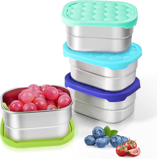 4Pack 8oz Small (1 CUP) Stainless Steel Snack Containers for Kids | Reusable Easy Open Toddler Snack Containers with Silicone Lids | Stackable Toddler Lunch Box for Daycare, School and Travel