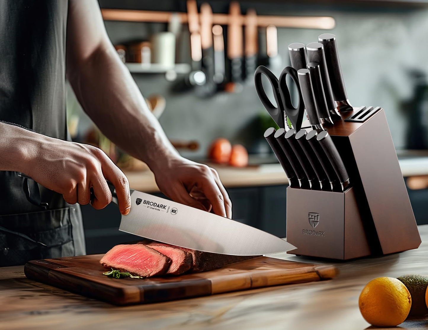 BRODARK Kitchen Knife Set, Ultra Sharp 15 Pcs Knife Set with Block, Full Tang Chef Knives, High Carbon Stainless Steel Knife Block Set with Sharpener, Wooden Handle