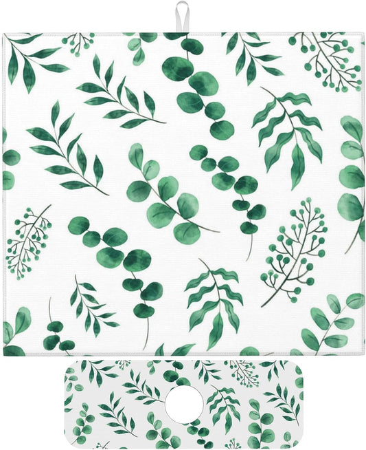 Watercolor Plant Green Leaves Dish Drying Mat for Kitchen Counter, 16"x18" Microfiber Absorbent Fast Dry Mat, 2Pcs Dish Mat Faucet Mats Sets, Large Drying Kitchen Mat Kitchen Drying Pad