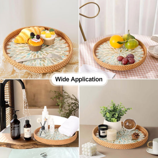 Round Rattan Tray with Mother of Pearl Inlay, Rattan Serving Tray for Coffee, Bread, Fruits, Decorative Wicker Tray for Table Decor, Home Decor, Kitchen Island Decor (Ambilight, 11.8")