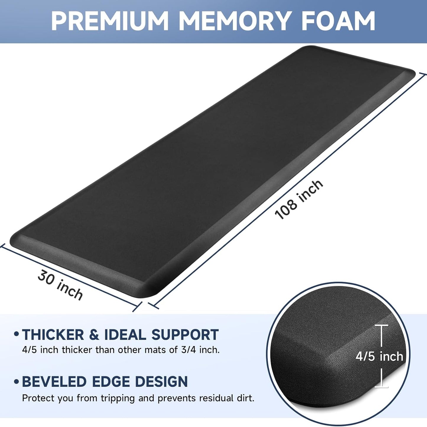 4/5 Inch Thick Kitchen Mats for Floor, StepRite Kitchen Rug for Standing Desk, Non-Slip, Thicker, Stain Resistant, Waterproof, Comfort Anti Fatigue Floor Mat for Home, Kitchen, Office - Black,108*30''