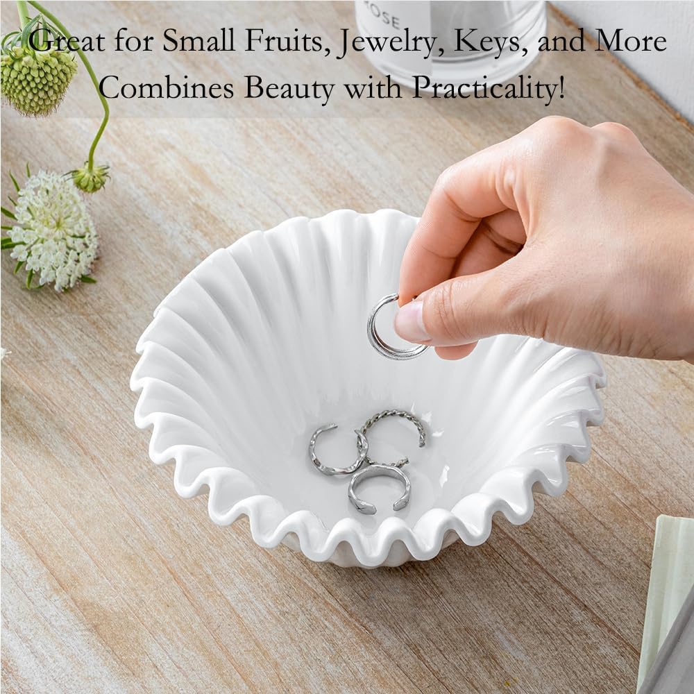 HandCrafted Decorative Bowl, 5.5 inch White Ruffle Flower Bowl Porcelain Vintage Ring Dish Floral Bowl for Home Decor Ruffle Centerpiece Bowl, White