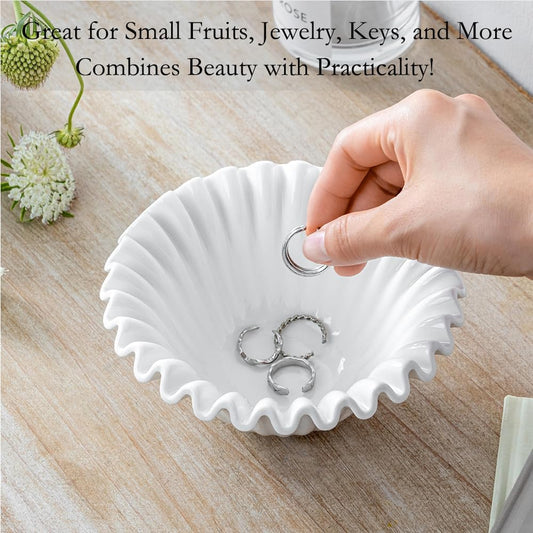 HandCrafted Decorative Bowl, 5.5 inch White Ruffle Flower Bowl Porcelain Vintage Ring Dish Floral Bowl for Home Decor Ruffle Centerpiece Bowl, White