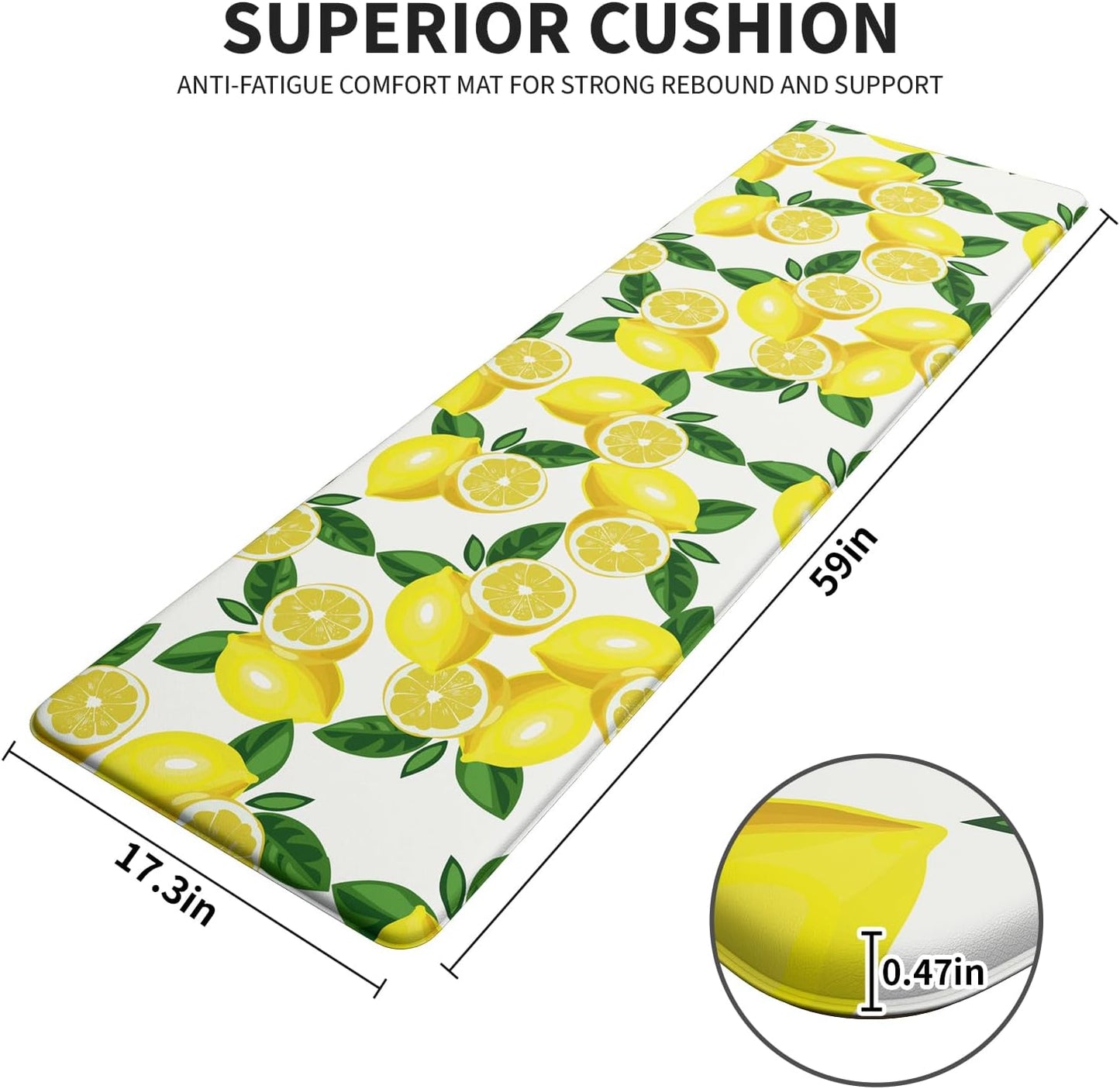 Lemon Kitchen Mats for Floor - Anti Fatigue Mats for Kitchen Floor, Cushioned Non-Skid Washable Memory Foam Rug for Office, Sink, Laundry (17.3"×59"×0.47") White