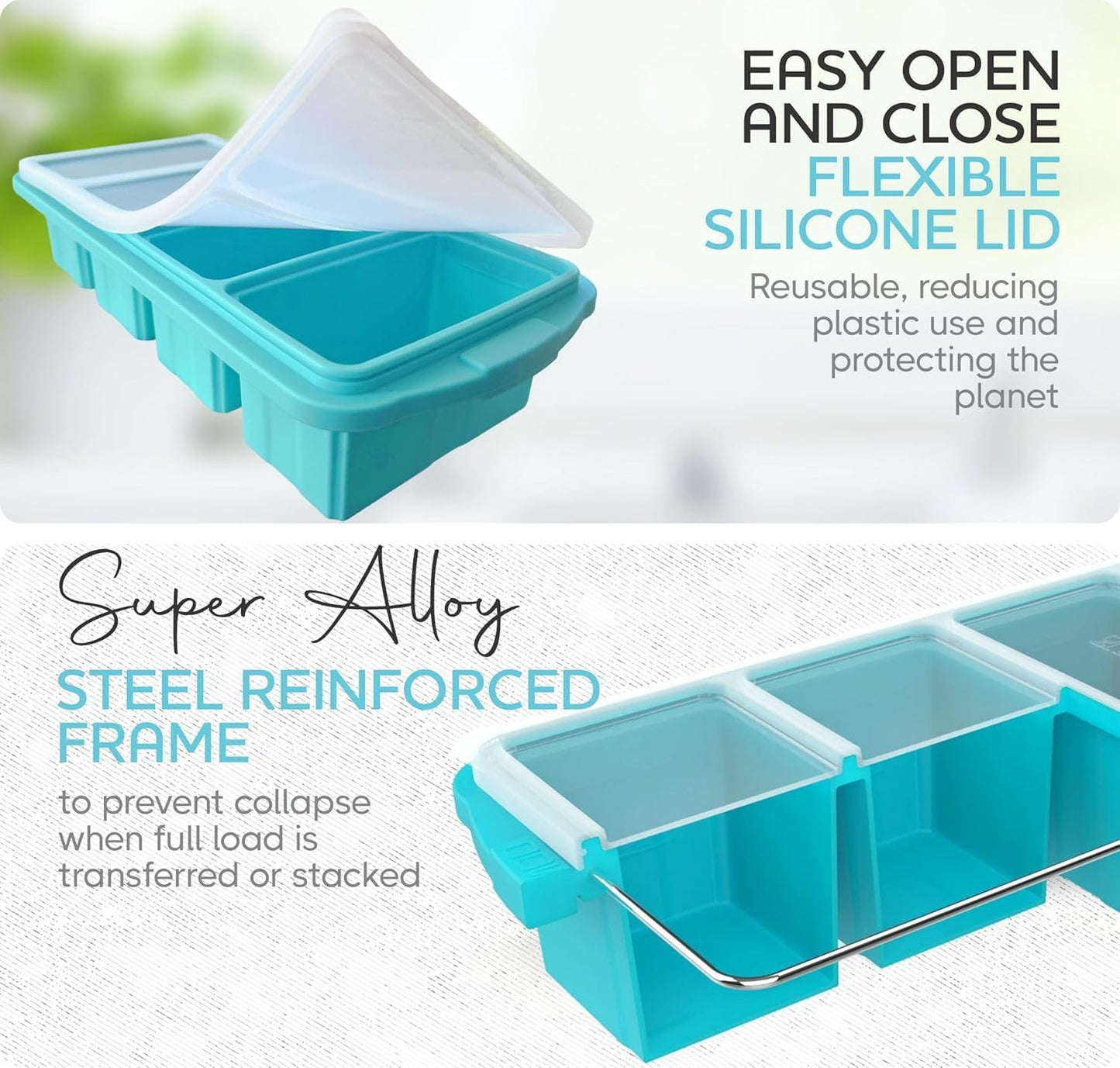 Silicone Freezer Tray With Lid - Soup Freezer Container molds - Large Ice Cube Tray- makes 8 perfect 1 cup portions cubes, 1-Pack Freezer Storage Food Soups & Meal Prep - Oven & Dishwasher -Safe