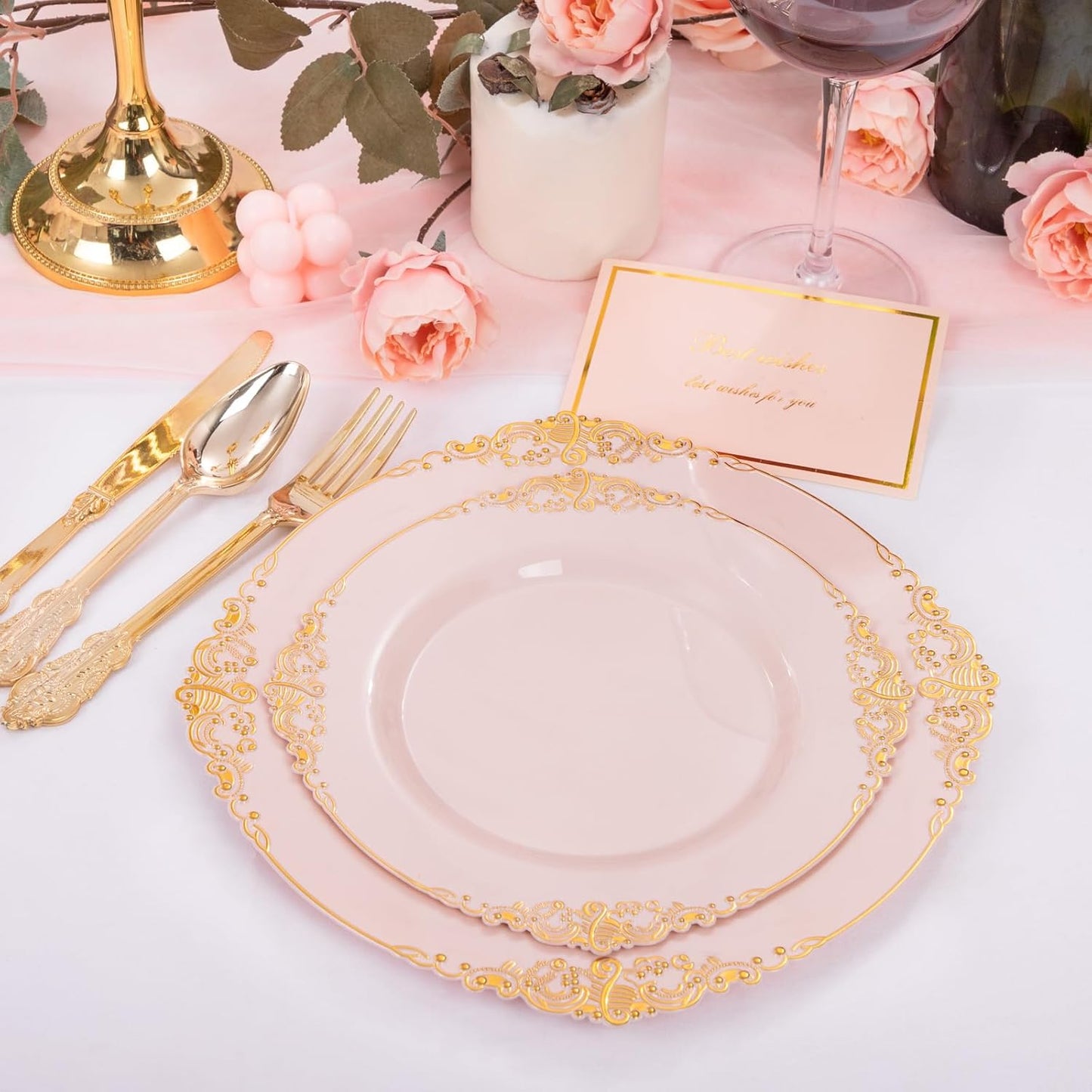 125PCS Pink and Gold Plastic Plates - Pink Disposable Plates - Vintage Plate with Gold Plastic Silverware Set for 25 Guests for Weddings Parties